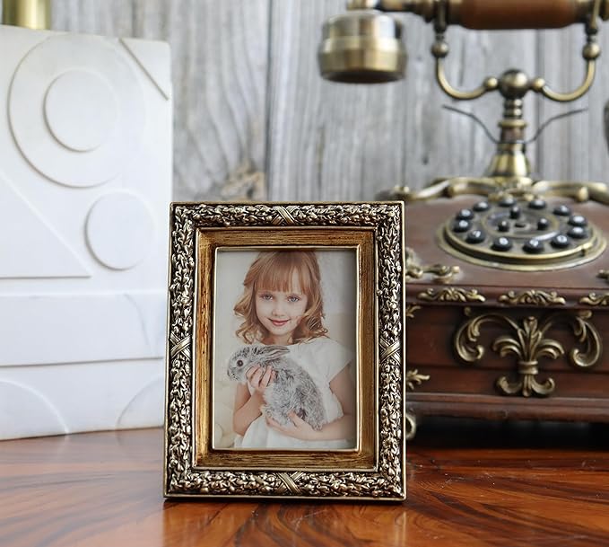 Hymmah 2.5 * 3.5Inch Mini Wallet Picture Frame Vintage Photo Frame Ornate Textured Hand-Crafted Resin Frame with Easel&Hook for Tabletop&Wall Display,Photo Gallery,Art