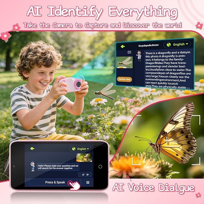 AI Digital Camera,AI Kids Camera Everything Recognition for 4 to 12 Years Old Girls Boys, Dual Lens,2.4GHz Wi-Fi,4" LCD Touch Screen,Gift Ideas for Birthday Christmas Festival