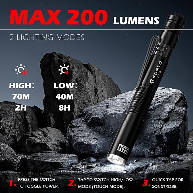 FORTO LED Pen Light, 200 Lumens Pocket Flashlight, IP67 Waterproof, 2 Modes, 2 Pack with AAA Batteries, Lightweight & Durable for Inspection, Medical Use, Emergency(4-Pack Mix)
