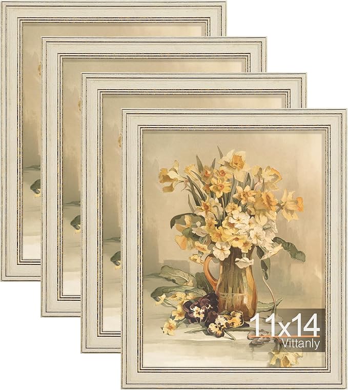Vittanly 11x14 Picture Frame Set of 4, Vintage Photo Frame for Wall Mount, Display 8x10 Pictures with Mat or 11x14 without Mat, Rustic Farmhouse Home Decor, Rustic White
