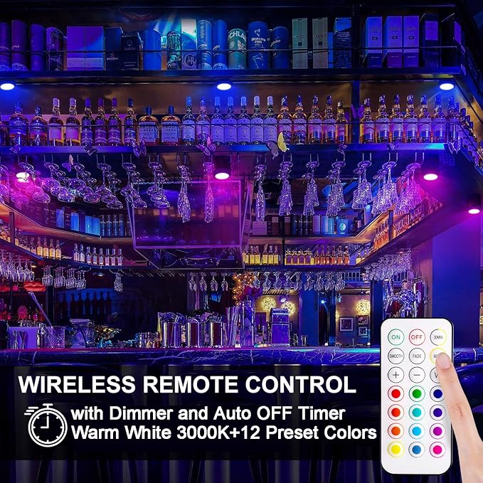 BLS LED Puck Lights with Remote Control, RGB 13 Color Changing Under Cabinet Lighting Wireless, AA Battery Operated Night Light, Push Stick on Lights for Closet, Kitchen, Wall, Dimmer & Timer, 2 Pack