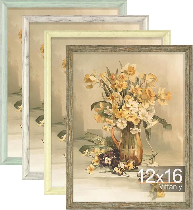 Vittanly 12x16 Picture Frame Set of 4, Vintage Photo Frame for Wall Mount, Display 8.5x11 Pictures with Mat or 12x16 without Mat, Rustic Farmhouse Home Decor, Multicolour