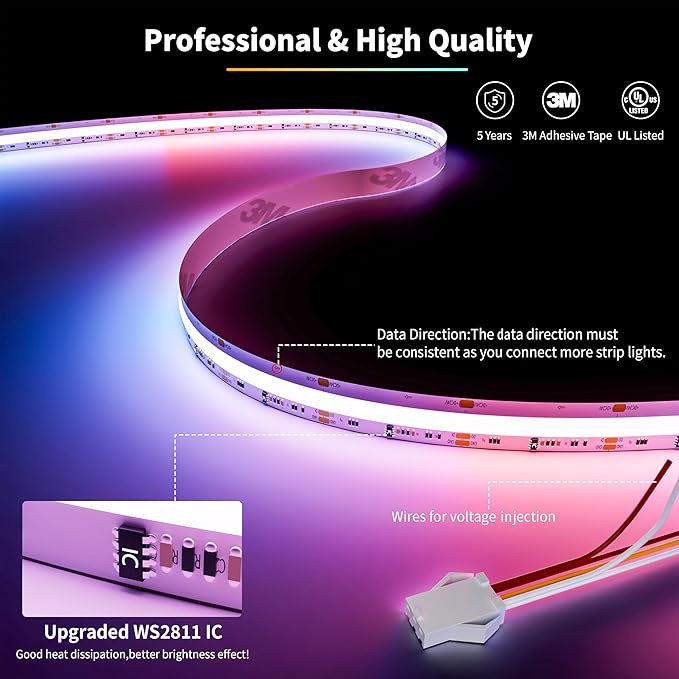 PAUTIX RGB Smart IC COB LED Strip Light Addressable 24ft/7.5m,720LEDs/m UL-Listed 24V Chasing Color Strip Light Multicolor Flexible Tape Light,for TV,Party DIY Decoration(Without Controller&Adapter)