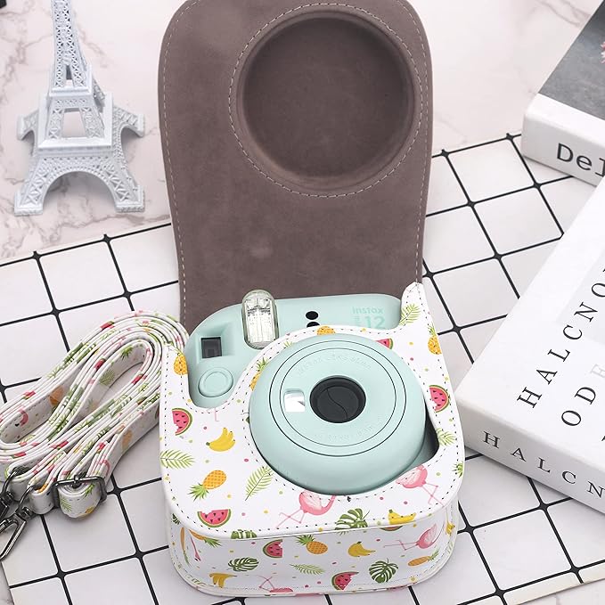 Frankmate Protective Case Compatible with Fujifilm Instax Mini 12 11 9 8 Instant Film Camera with Pocket and Adjustable Strap (Fruit Flamingo)