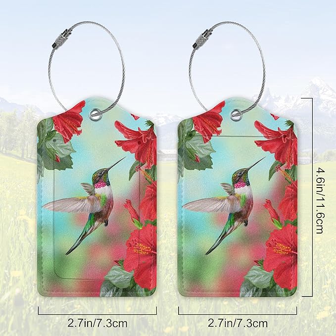 2 Pack Leather Luggage Tag for Suitcase Hummingbird and Hibiscus Unique Travel Tags with Privacy Cover ID Label & Stainless Steel Loop for Men and Women Baggage