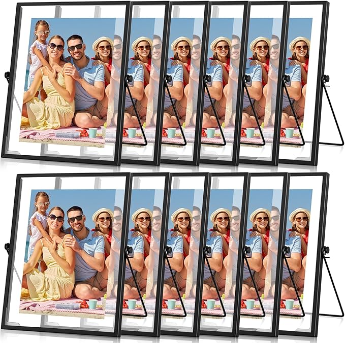 Hoteam 12 Pack 5 x 7 Inch Floating Frame Glass Photo Frame Collection Vintage Metal Minimal Ornate Easel for Pictures Photos Desk Tabletop Display (Black)