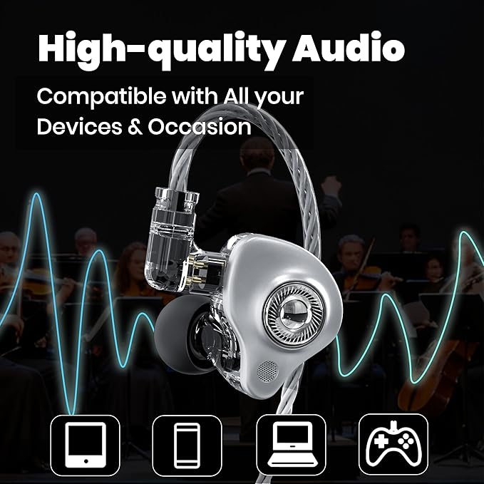 in Ear Monitor Headphones with Mic, 10mm Dynamic Driver HiFi IEM Earphones, Crystal Clear Sound IEM Earbuds with Detachable 4N OFC Cable, USB C Wired Gaming Earbuds