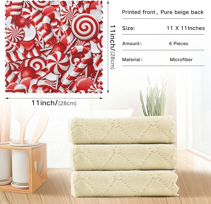 VIGTRO 6 Pack Super Absorbent Kitchen Towels, Christmas Candy Canes Premium Dish Cloths Towels, Sugar Red Sweets Gift Washable Fast Drying Dish Rags Reusable Cleaning Cloth 11x11