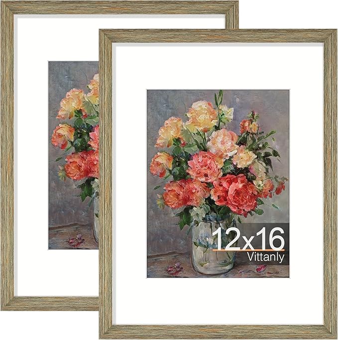 Vittanly 12x16 Picture Frames Set of 2, Ornate Vintage Photo Frame for Wall Mount, Display 8.5x11 Pictures with Mat or 12x16 without Mat, Vintage Green