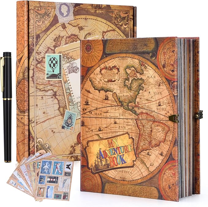 My Adventure Book Scrapbook – Retro-Style Embossed Photo Album with 124 Pages, DIY Memory Travel Journal for Couples, Anniversary, Wedding, and Valentine's Day Gifts(World Map Adventure Style)