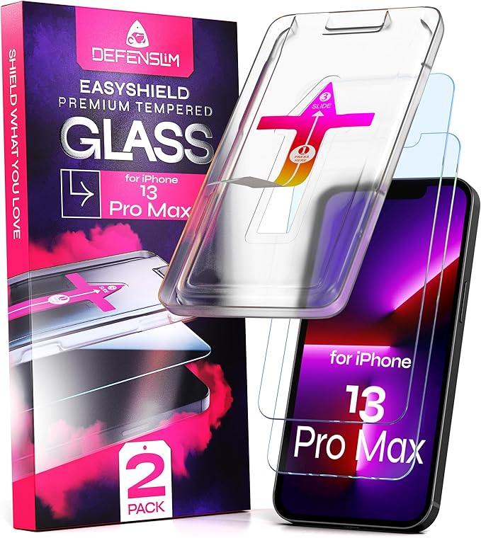 Defenslim Screen Protector for iPhone 13 Pro Max (2Pack), Easy Auto-Align Install Kit, 6.7" Tempered Glass, 9H Hardness, Ultra HD Clear, Case Friendly, EasyShield
