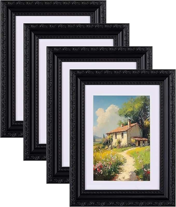 eletecpro 5x7 Picture Frames Set of 4, 5 x 7 Vintage Frames with Glass Cover, Gothic Photo Frame Displays 4x6 Photo with Mat or 5x7 without Mat for Tabletop or Wall Decor, Black
