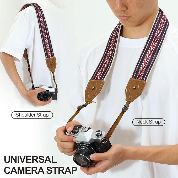 Padwa Lifestyle 2" Wide Classic Crazy Horse Art Cowhide Head Camera Strap - Jacquard Embroidery Floral Vintage Camera Straps for Photographers Gift, Adjustable Shoulder Neck Strap Fits DSLR Cameras