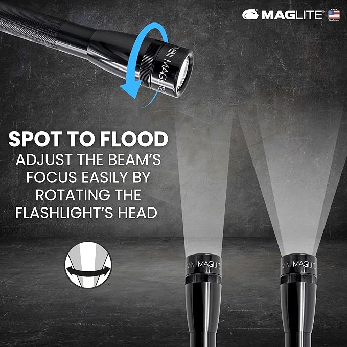 MagLite Mini LED Flashlight - Ultra Bright 127 Lumens, Adjustable Beam, Water-Resistant IPX4, Shock Resistant, 2 Power Modes, includes 2 AA Premium Alkaline Batteries - (Combo Pack, Black)