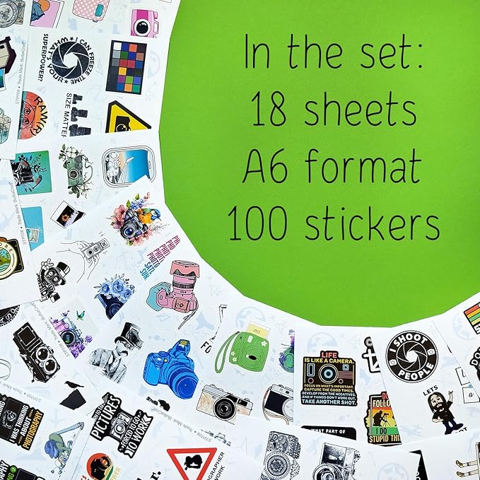 BulbaCraft 100Pcs Photography Stickers, Camera Stickers for Water Bottles, Laptop, Scrapbooking, Planners — Photographer Gifts Women, Camera Gifts for Photographers Women & Men