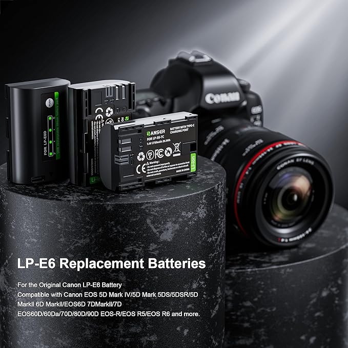 3 Pack LP-E6N LP E6 Battery Replacement with USB Charging, 2750mAh x3 Type-C Charging Rechargeable Camera Battery for Canon EOS 5DS R5 R6 R7 6D 7D Mark II III IV 60D 70 80D 90D XC10 XC15