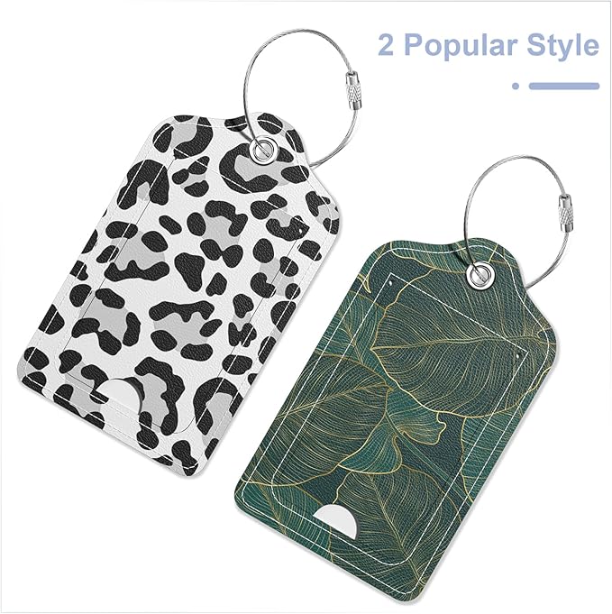 2 Pack PU Leather Luggage Tags for Suitcase, Travel Cruise Luggage Tag with Privacy Flap, Name ID Label and Metal Loop for Women Men Baggage Handbag School Bag Backpack, Leopard Leaves