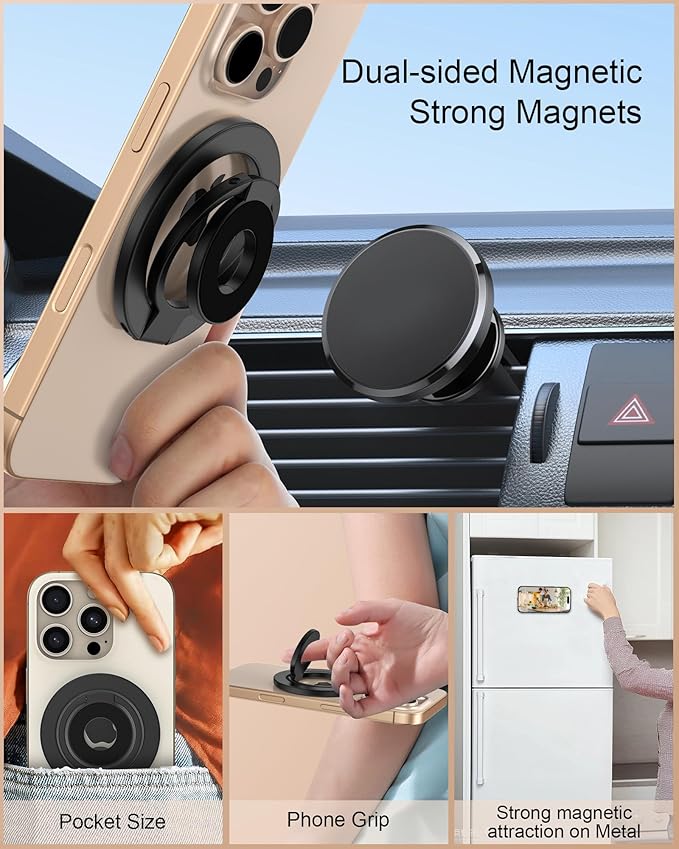 Phone Ring Holder Grip with Dual-Side Magnets, Universal Magnetic Kickstand Stand, Wireless Charging Friendly, Foldable for iPhone 17 Pro Max, Samsung, Case, Desk, Car Mount, MagSafe Compatible-Black
