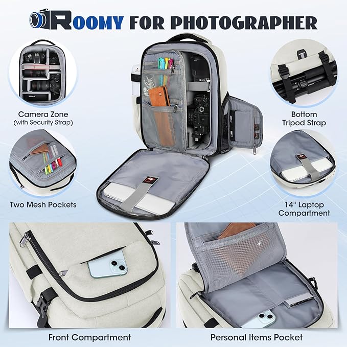 Camera Backpack Camera Bag for Photographers DSLR SLR Mirrorless Camera Cases with Waterproof Rain Cover & Laptop Compartment Fits 14 Inch Laptop,Anti Theft Travel photography backpack,Beige