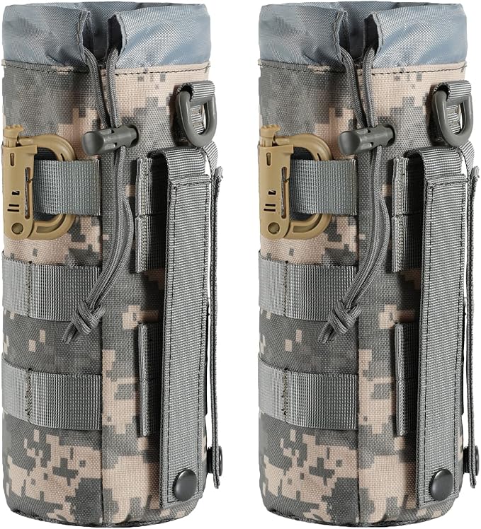 Tactical MOLLE Water Bottle Pouch with Drawstring Open Top & Mesh Bottom, Military Water Bottle Holder Bag Sports Travel Hydration Carrier