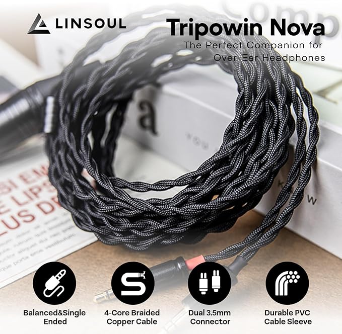 Linsoul Tripowin Nova Monitor Headphone Cable, Over-Ear Headphone Wire, 4-Strand Silver Foil/OCC Hybrid Upgrade Cable, 2M, Dual 3.5mm to 4.4mm/3.5mm/XLR Plug, for Musicians Audiophiles (4.4mm, Black)