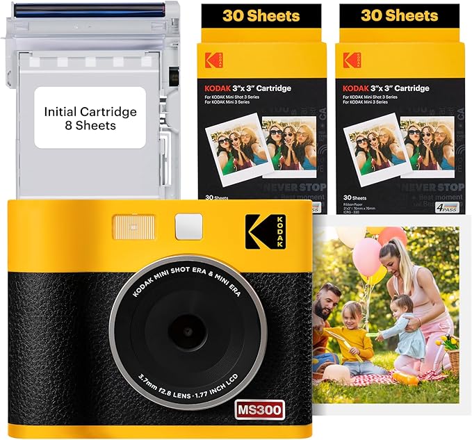 KODAK Mini Shot 3 ERA 4PASS 2-in-1 Instant Camera and Photo Printer (Yellow, Camera + Initial 8 Sheets + 60 Sheets)