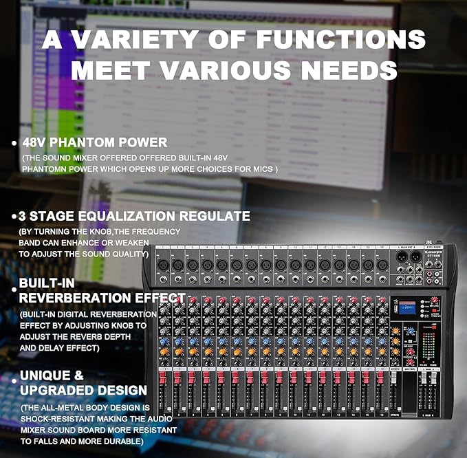 16 Channel Professional Audio Mixer Console Sound Board with 48V Phantom Power,USB Audio Interface for Live Show,Streaming Recording Music Stage Karaoke