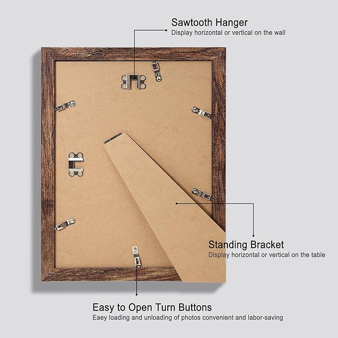 9x12 Picture Frame Set of 4, Made of Glass and Rustic Brown Wooden Frame - Display Picture 6x8 with Mat or 9 x 12 Without Mat, 9 by 12 Photo for Wall or Tabletop