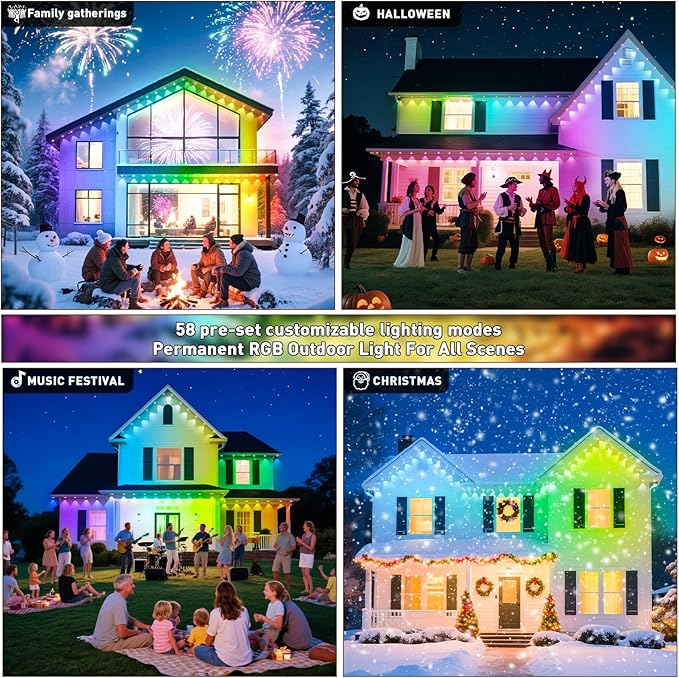 Permanent Outdoor Lights,200FT RGB Waterproof Lights for House,IP67 Smart LED Light with App/Remote Control for Garden Decor,Party,Holidays,Birthday