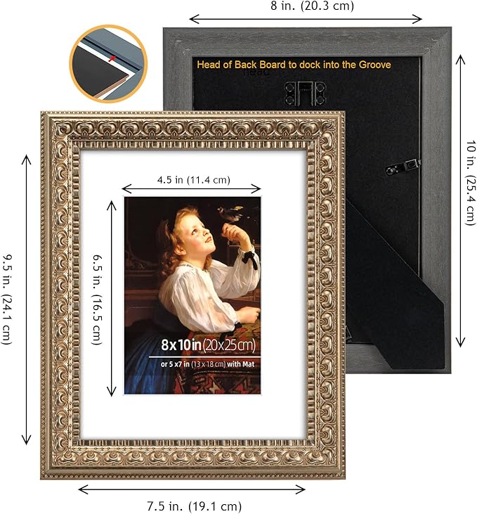 8x10 in Antique Silver Ornate Vintage Wood Picture Frame, Matted for 5x7 Photos, Real Glass Protection, Tabletop or Wall Mounting Display