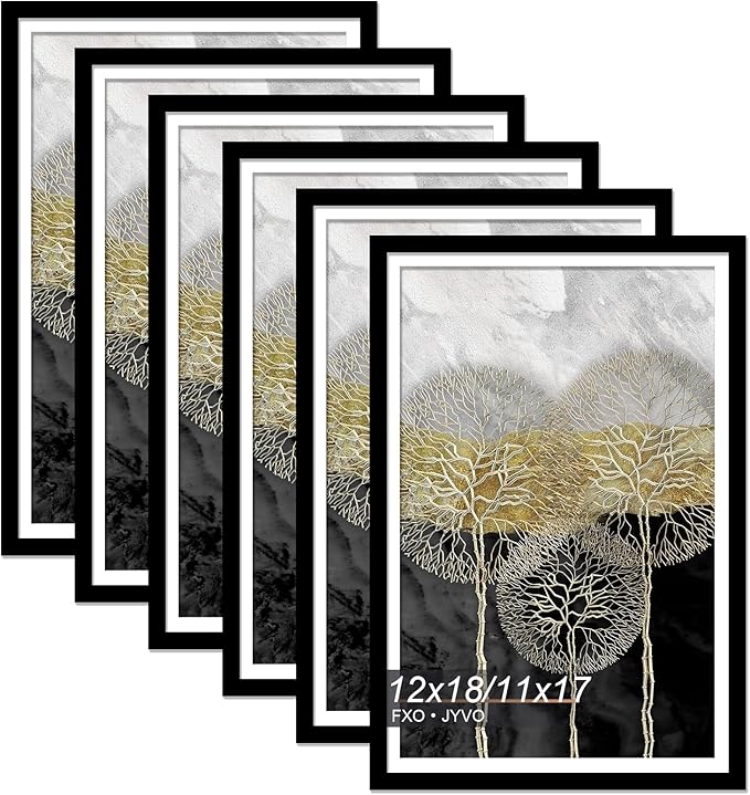 12x18 Picture Frame Set of 6, Display Poster 11x17 with Mat or 12 x 18 Without Mat, Light Weight and High Transparent 12 by 18 Frame for Wall - 6 Pack/Black/12 x18