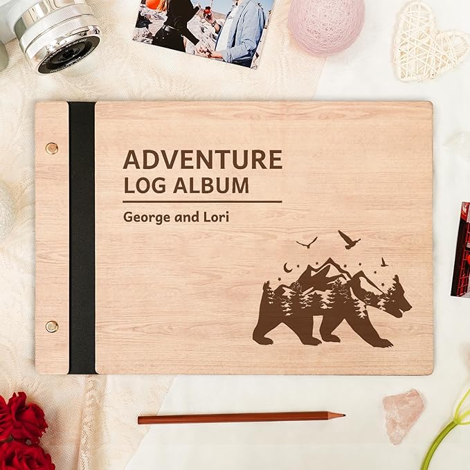 Wooden Travel Photo Album, Vintage Custom Travel Scrapbook Adventure Scrapbook, Vacation Photo Album With Name, Anniversary Memory Book Adventure Book for Couples Travelers