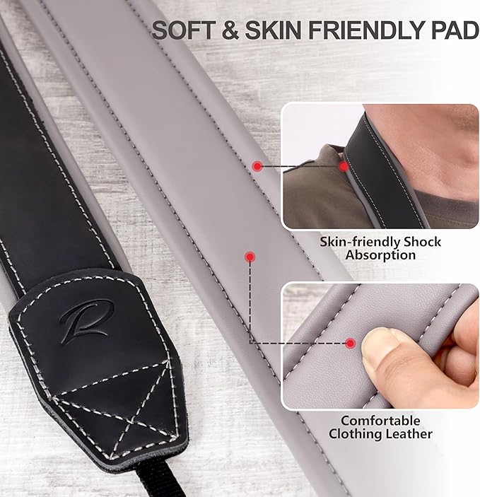 Padwa Lifestyle Black Padded Leather Camera Strap - Full Grain Genuine Cowhide Camera Straps with Gray Thick Skin-friendly Clothing Leather Padded,Soft&Comfort Strap for Long Periods of Photographers