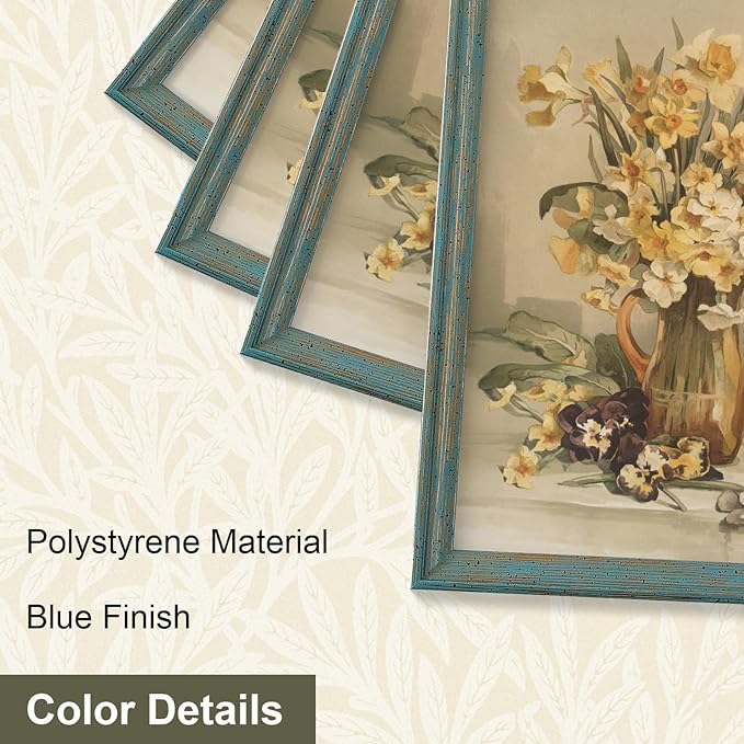 Vittanly 12x12 Picture Frame Set of 4, Vintage Photo Frame for Wall or Tabletop, Display 8x8 Pictures with Mat or 12x12 without Mat, Rustic Farmhouse Home Decor, Blue