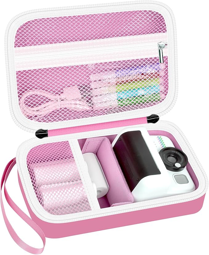 Kids Camera Case Compatible with Cimizi/for Dylanto/for Gofunly/for DUDUDRAGON/for HiMont Instant Print Cameras & Film Cameras, Shockproof Organizer with Removable Divider & Mesh (Pink, Large)