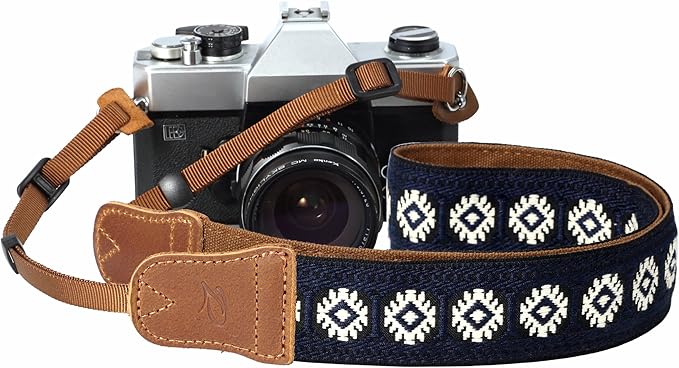 Padwa Lifestyle Camera Strap - 1.5" Crazy Horse Cowhide Head Cotton Strap,Vintage Embroidery Camera Straps for Photographers and All Cameras,Cute Adjustable Shoulder Neck Strap for Adults & Kids