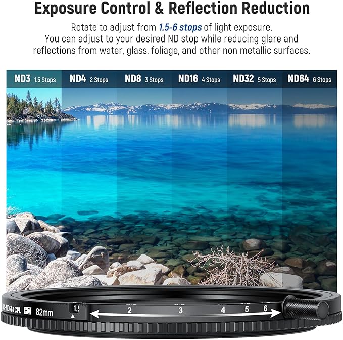 NEEWER 82mm True Colors Variable ND&CPL Filter with Putter, ND3-64(1.5-6 Stops), 2 in 1 Adjustable Limited Neutral Density & CPL Filter, Multi Coated HD Optical Glass/Aluminum Frame/Scratch Resistant