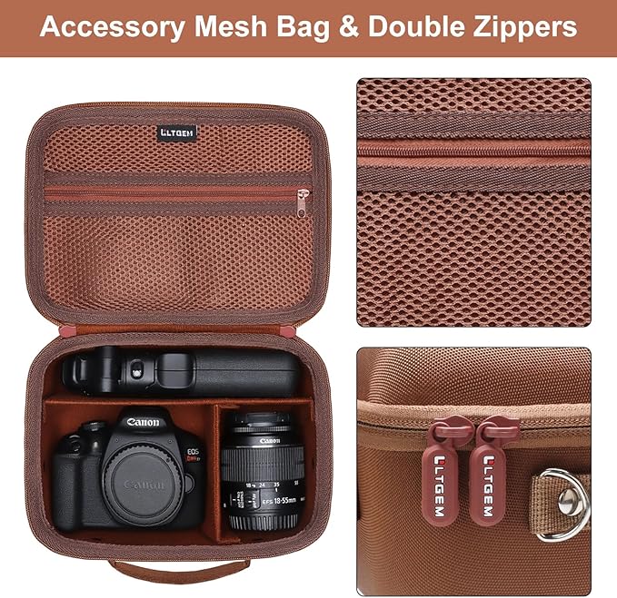 Camera Case Compatible with Canon EOS Rebel T7/R50/R6 Mark II/R100/R50 V/T6/R8/R10/R5 Mark II/RP/R7/5D Mark IV/SL3/R5/T100 DSLR SLR Camera, Len and Tripod with 4 Dividers and Shoulder Strap, Brown
