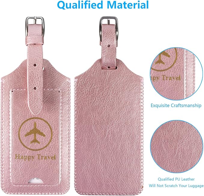 ACdream Luggage Tags 2 Pack, Leather Suitcase Tags Identifiers, Cute Cruise ID Labels with Privacy Cover fits on Backpack, Travel Bag, for Women, Men, Adults, Kids, Rose Gold