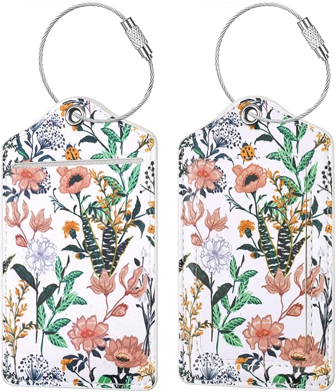 (Set of 2) Luggage Tag Leather Privacy Cover ID Label Address Card with Stainless Steel Loop, Travel Bag Tags Suitcase Labels,White Flowers