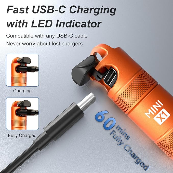 EDC Mini Flashlights High Lumens LED Pocket Keychain Magnetic Activation Flashlight Type-C Rechargeable Small Flashlight Long Battery Life & Long Illumination Distance -LT090 Mini X1 (2, Orange)