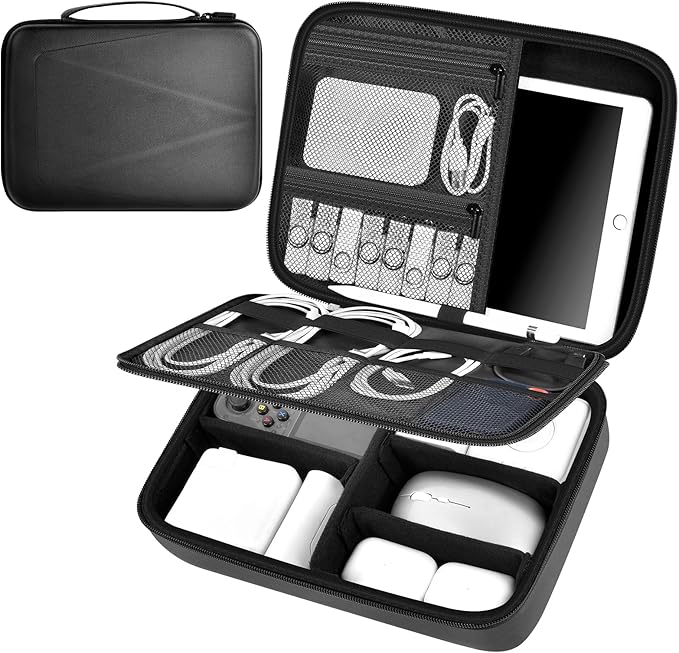 Comecase Electronics Organizer Travel Case for MacBook Pro/Air Power Adapter, Double Layer Tech Bag with 5 Dividers for iPad Mini/Air (up to 11"), Cables, Magic Mouse, Power Bank & SSD - Black