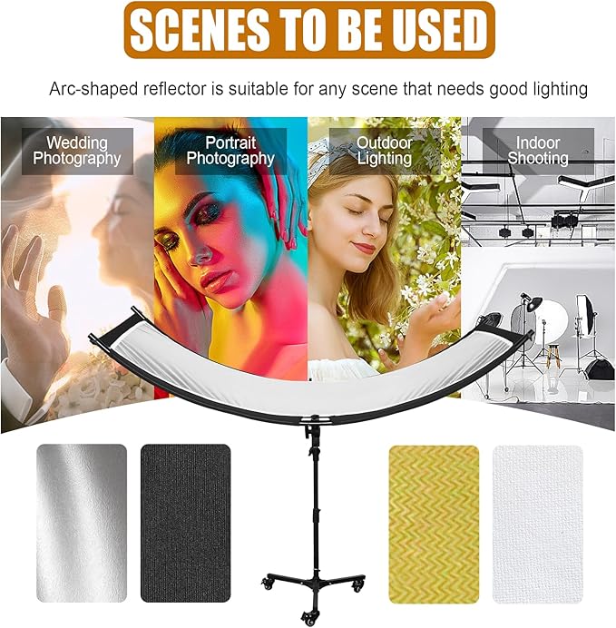 Clamshell Light Reflector Diffuser with Rolling Stand and Carrying Bag, 70"x24"/180x60cm Arclight Curved Lighting Reflector for Photo Studio Photography with White/Gold/Silver/Black Colors by MCCKLE