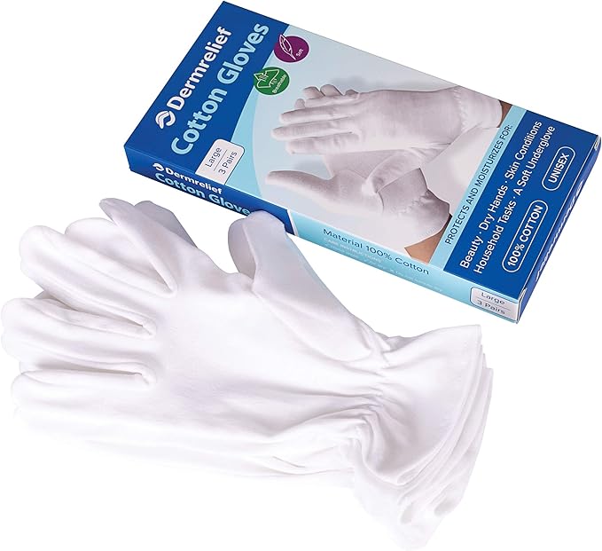 Dermrelief Cotton Gloves - for Beauty, Dry Hands, Eczema, Dermatitis and Psoriasis (Large, 3 Pairs)