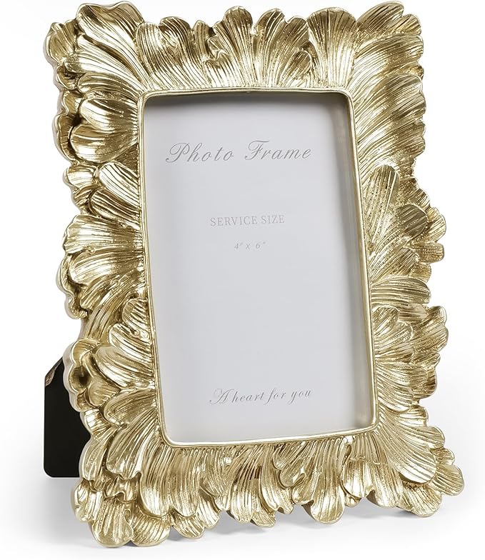 Cuspin Vintage 4x6 Picture Frame, Gold Frames Palm Leaves Textured Hand-Crafted Resin with Glass Front, Elegant Retro Photo Frame for Wall Hanging and Tabletop Display Home Decor