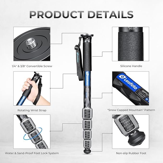 LEOFOTO Camera Monopod Carbon Fiber Portable Compact Lightweight Travel Monopod with Wrist Strap, Silicone Handle, Twist Locks, 5-Section up to 165cm, Max Load 15kg，Black(MPQ-325C)