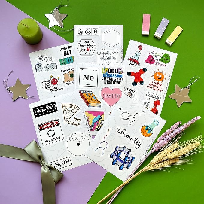 BulbaCraft 100Pcs Funny Chemistry Stickers for Laptop, Chemistry Computer Stickers, Lab Decals, Science Themed Presents, Gifts for Women & Men