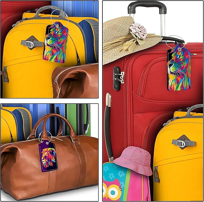 Colorful Pop Art Lion PU Leather Luggage Tags for Suitcase, Travel Cruise 2 Pack with Privacy Flap, Name ID Label and Metal Loop for Women Men Girls Baggage Backpack
