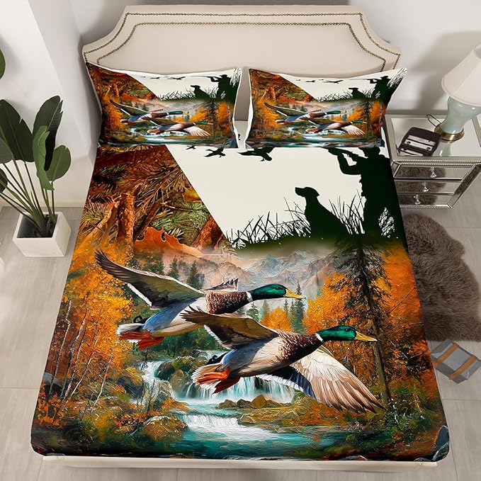 Erosebridal Duck Hunting Sheets Wild Animal Mallard Duck Bed Sheets Hunting Theme Fitted Sheet Dog Hunter Flat Sheet Wildlife Flying Duck Bedding Sets Dog Rustic Farmhouse Sheets Twin Size 3 Pcs