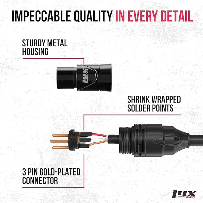 LyxPro Quad Series 15 ft XLR 4-Conductor Star Quad Balanced Microphone Cable for High End Quality and Sound Clarity, Extreme Low Noise, Black
